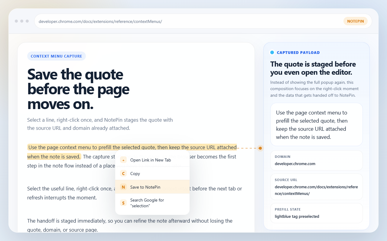 NotePin context menu capture flow with selected text and prefilled popup
